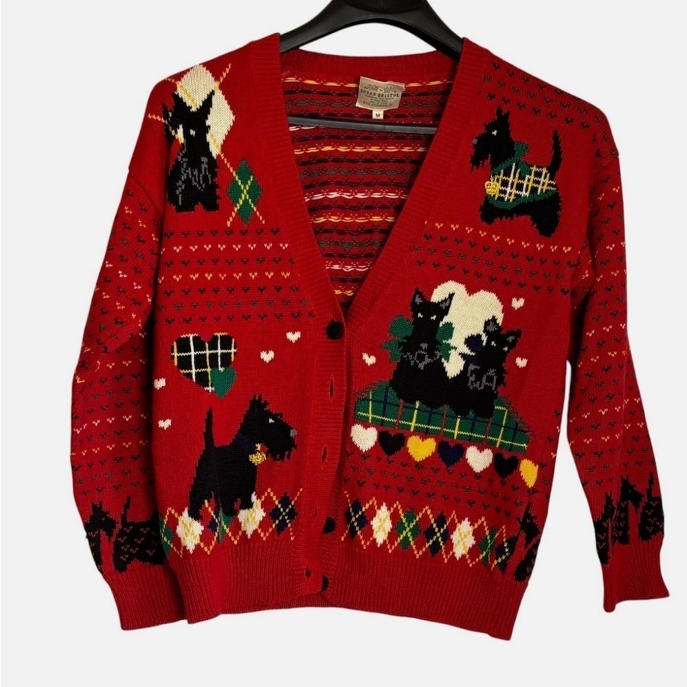 RARE VTG 90s Scottie Terrier Dog Cardigan Hearts Love Sweater M Red Patchwork